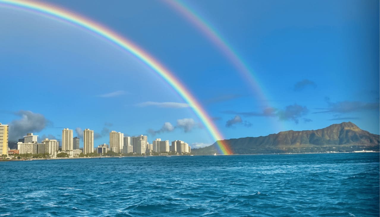 Waikīkī skyline at sunset from the water